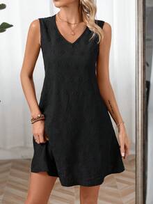 SHEIN LUNE Solid Texture Sleeveless Dress - Black - View 3
