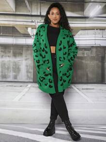 SHEIN CURVE+ Plus Leopard Pattern Drop Shoulder Cardigan - Green - View 3