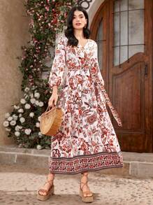 Seusyu Women's Floral Print Lantern Sleeve Arabian Style Dress With Cinching Waist - Yellow - View 3
