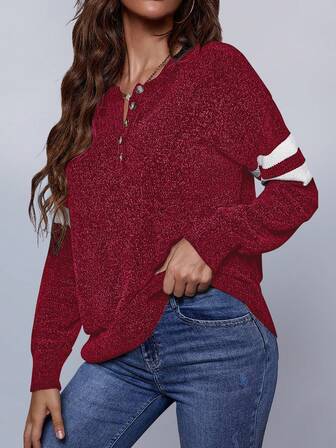 Women's Fashion Patchwork Red Button Striped Print Long Sleeve Sweater