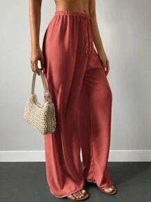 Cottnline Pantalones de pierna ancha unicolor de cintura con nudo - Rosa - Ver 4