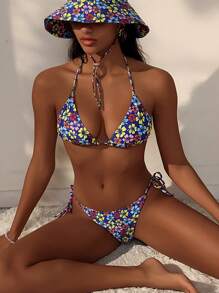 Swim Mod Summer Beach Women's Flower Printed Knot Front And Tie Side Bikini Set