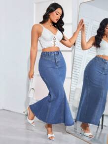 SHEIN Privé 高腰擴口丹寧裙 - 中等水洗藍 - 查看 5