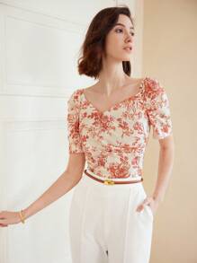 MOTF PREMIUM Dệt Của phụ nữ Hoa In Cổ Trái tim Áo sơ mi - Nhiều màu - Xem 2