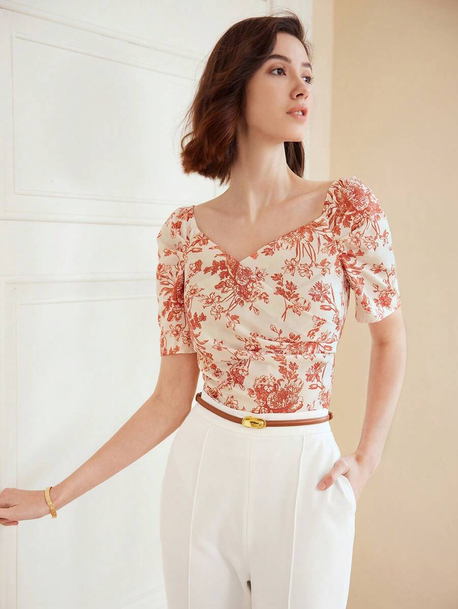 MOTF PREMIUM Dệt Của phụ nữ Hoa In Cổ Trái tim Áo sơ mi