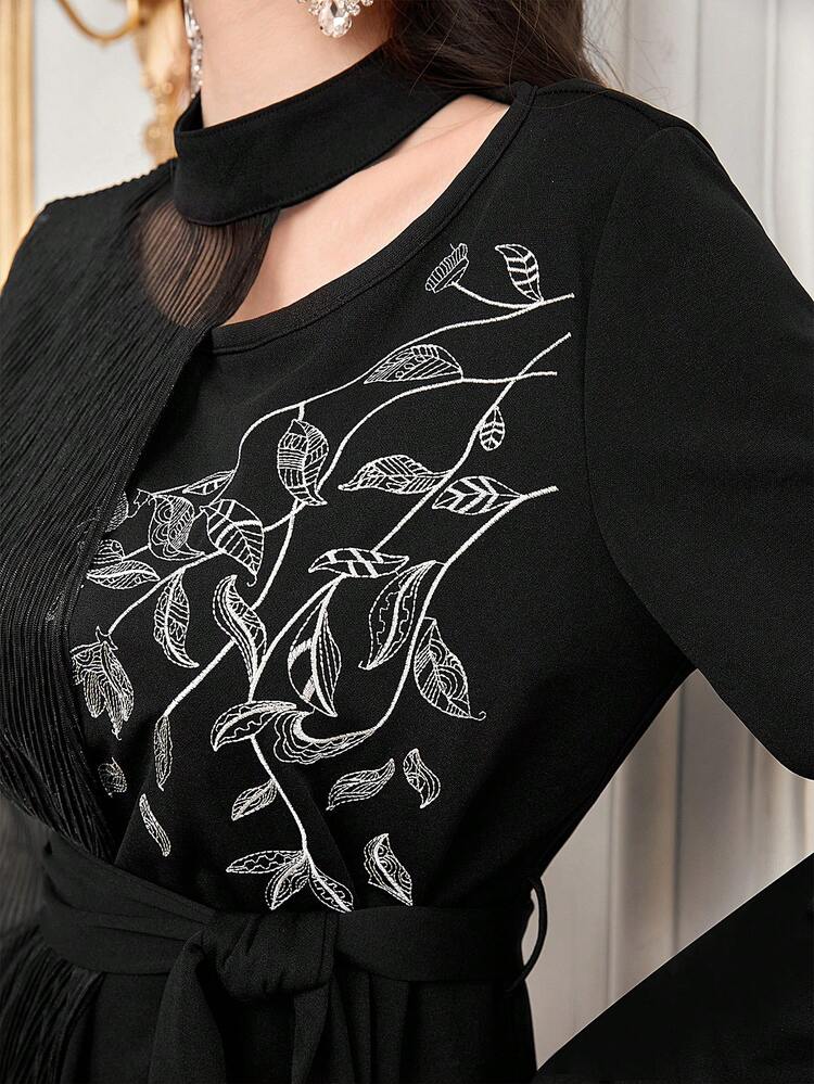 Women's Leaf Embroidery Contrast Mesh Dress Long Evening Dresses Fall Cloth For Women