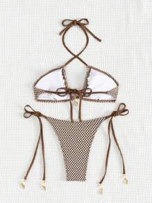 SHEIN Swim Summer Beach Women's Plaid Pattern Halter Neck Bikini Set Music Festival - Coffee Brown - View 2