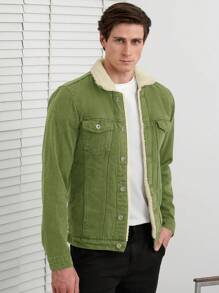 SHEIN Cottnline Men's Simple Style Sherpa Lined Denim Jacket With Buttons - Green - View 7