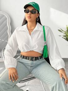 SHEIN EZwear CURVE Kích thước lớn Của phụ nữ Lỏng lẻo phù hợp Tay áo dài Quần skinny Xoắn Nút Áo sơ mi - trắng - Xem 6