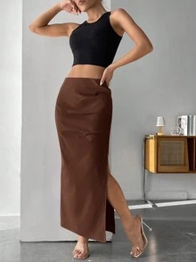 SHEIN PETITE Của phụ nữ Màu thuần Xếp li Khe bên Giải trí Váy - màu nâu - Xem 3