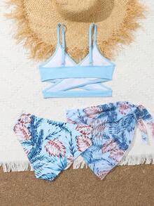 Tween Girl 3-Piece Bikini Set With Botanical Print And Ruffle Trim, Lock Edge Summer Beach - Multicolor - View 2