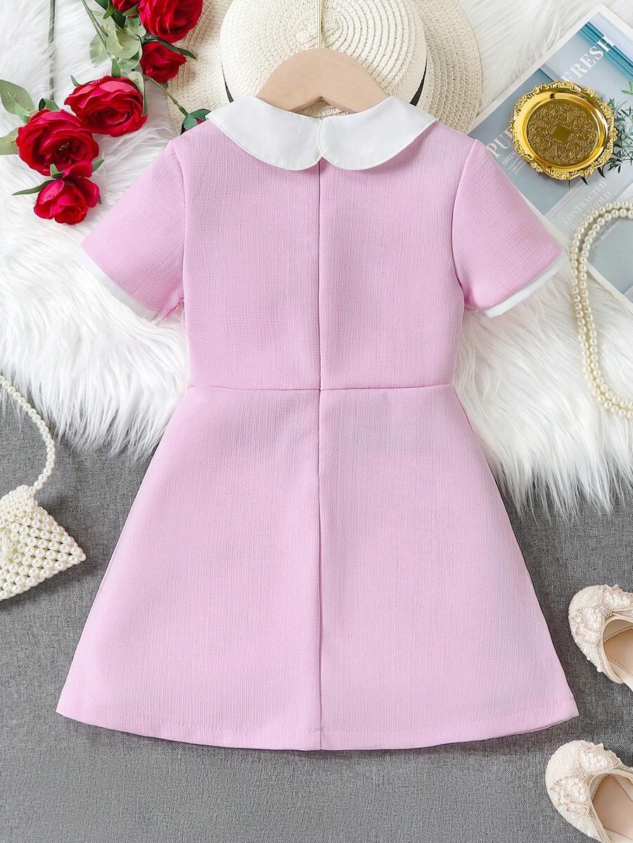 SHEIN Kids FANZEY Young Girls' Lovely Doll Collar Short Sleeve Dress With Texture And Bowknot