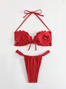 SHEIN Swim 女士纯色褶皱挂脖比基尼套装，带分体比基尼套装，夏季海滩 - 紅色 - 查看 4