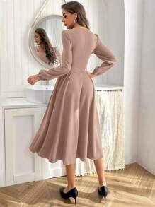 SHEIN Privé Của phụ nữ Thiên nga Vòng cổ Tay áo lồng đèn Đầm - Màu Khaki - Xem 2
