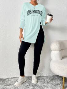 SHEIN Essnce Women's Letter Printed Split Top And Solid Color Leggings 2pcs Set - Mint Blue - View 1