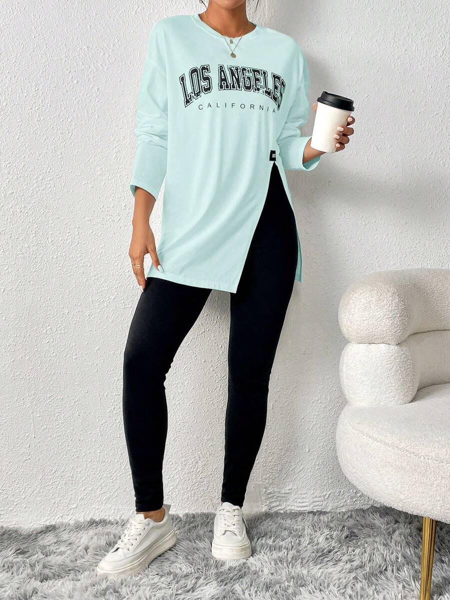 SHEIN Essnce Women's Letter Printed Split Top And Solid Color Leggings 2pcs Set - Mint Blue - View 1