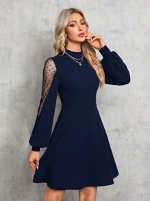 SHEIN Tall Váy tay đèn lồng lưới voan chấm bi dành cho nữ - Màu xanh hải quân - Xem 4