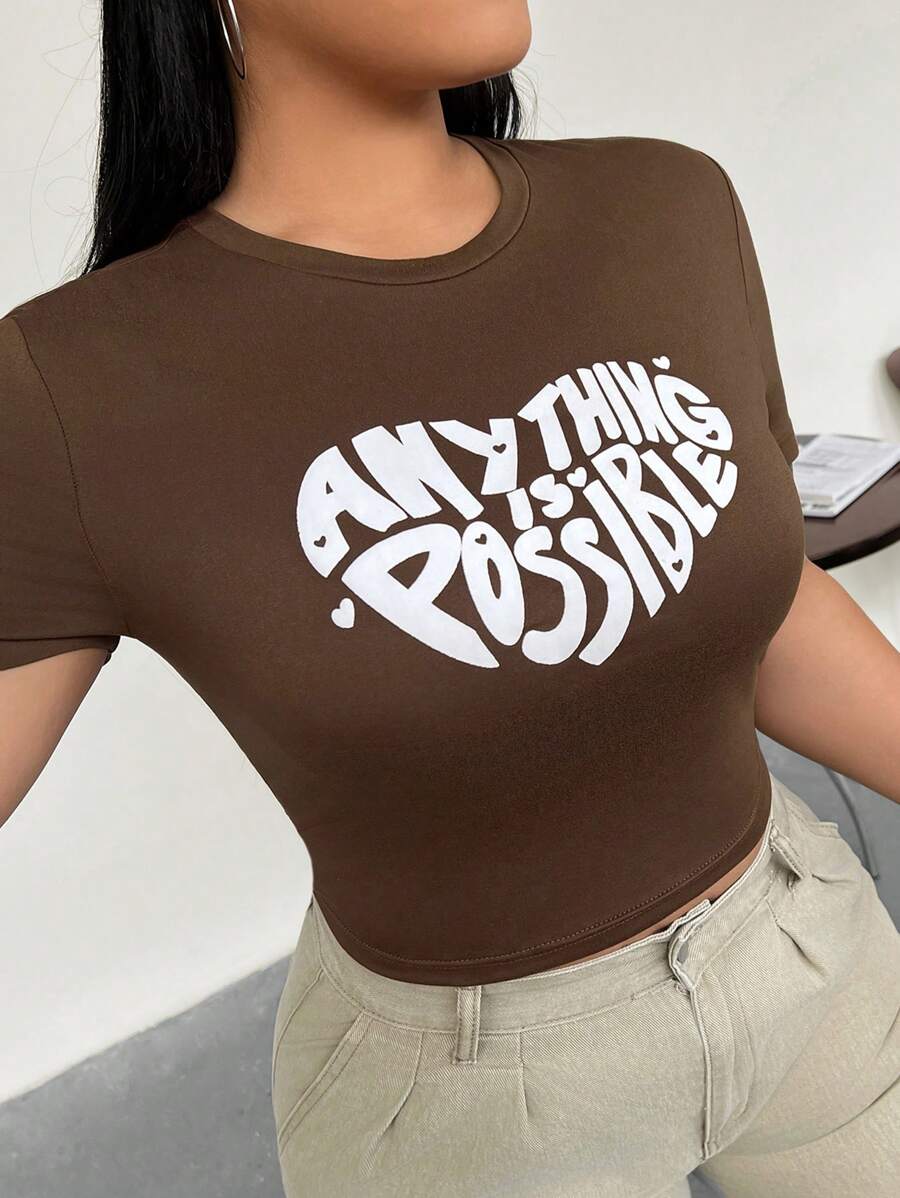 CovetEZ 大尺碼女士字母印花短袖t恤 - 棕色 - 查看 1