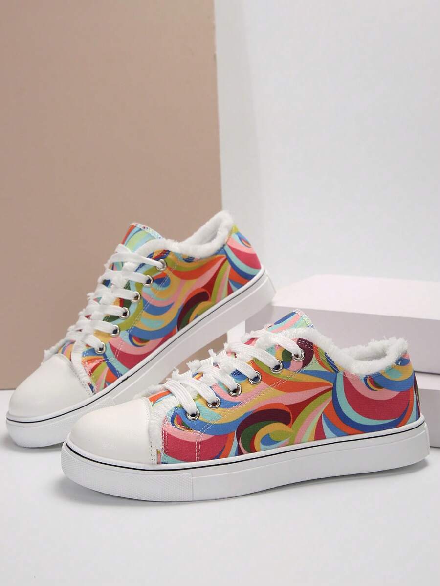 Women Black Lace-up Front Sneakers, Round Toe Fashionable Canvas Shoes - Black - View 1