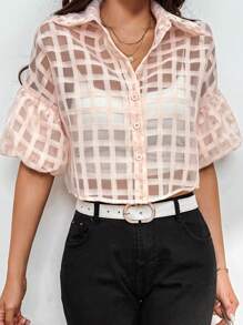 SHEIN Privé Women's Mesh Lantern Sleeve Shirt - Apricot - View 1