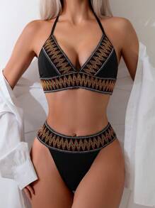 SHEIN Swim 女士几何肩带挂脖比基尼套装夏季海滩 - 黑色 - 查看 7