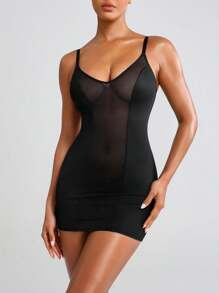 SHAPORA Women's Contrast Mesh Spaghetti Strap Bodycon Dress - Black - View 10