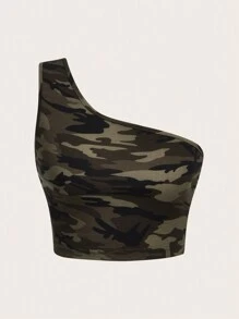 SHEIN EZwear 一字肩迷彩風格個性修身上衣 - 彩色 - 查看 1