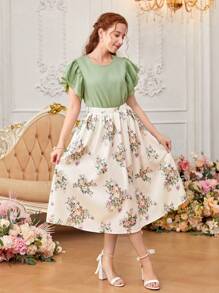 SHEIN Teen Girl's Woven Solid Color Double Layer Ruffle Hem Shirt And Floral Print Skirt Two Piece Set - Multicolor - View 1