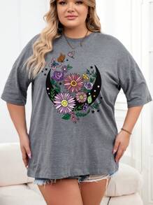 SHEIN Slayr 大码月亮与花朵印花夏季 T 恤