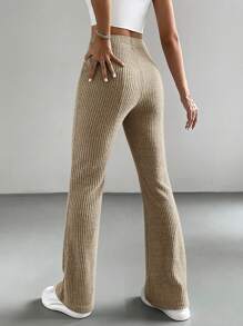 SHEIN EZwear Solid Color High Waist Trousers - Khaki - View 2
