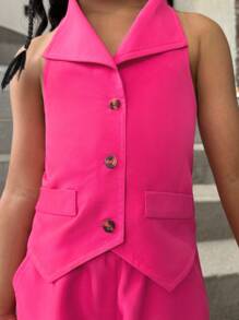 SHEIN Explorewe Cô Gái Trẻ Màu thuần Áo hai dây Và Quần Cargo Bộ - Màu Hồng Tươi - Xem 4