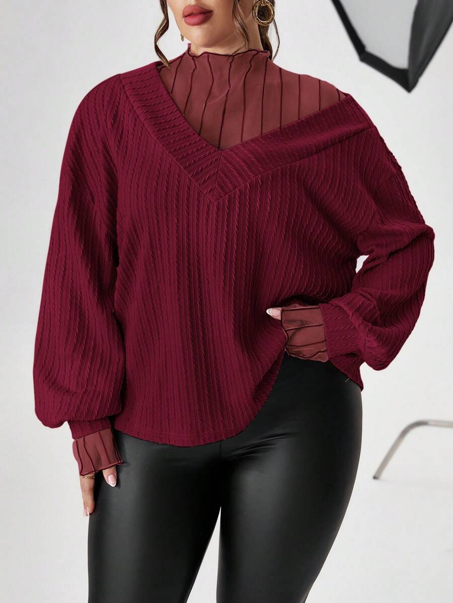 SHEIN Privé Plus Size Mesh Panel 2 In 1 T-Shirt - Burgundy - View 1