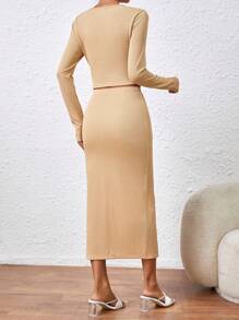 SHEIN Privé Ladies' Lace Patchwork Long Sleeve Two Piece Set - Khaki - View 2