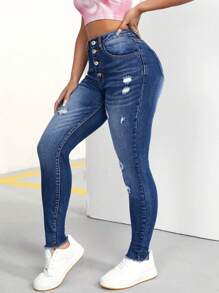 SHEIN PETITE Women'S Skinny Ripped Jeans - Black - View 4