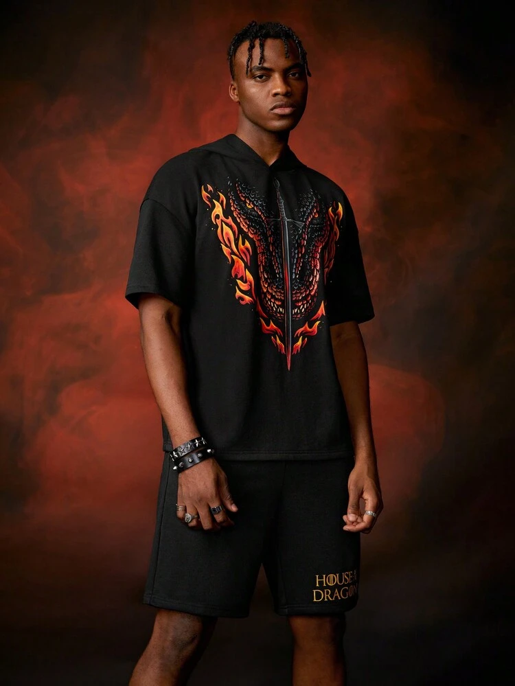 Men Short Sleeve Drop Shoulder Hooded T-Shirt And Shorts With Slanted Pockets Set