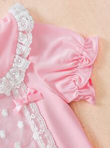 Baby Girl Pink Lace Romper With Peter Pan Collar And Bowknot For Spring/Summer - Pink - View 3