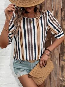 SHEIN LUNE Women'S Striped Square Collar Shirt - White - View 5