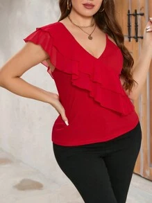 SHEIN Privé 女裝大尺碼純色荷葉邊裝飾上衣 - 紅色 - 查看 3