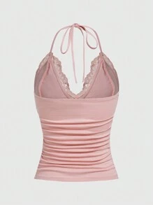 ROMWE PUNK Lace Panel Halter Top - Dusty Pink - View 2