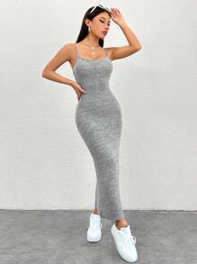 SHEIN PETITE Của phụ nữ Bên Khe Dây đeo Mì Ý  Đầm - Xám - Xem 4