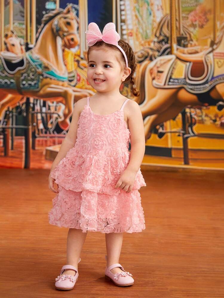 3d Rose Flower Decor Pink Floral Layered Dress Baby Girl Dress