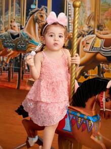 SHEIN 3d Rose Flower Decor Pink Floral Layered Dress Baby Girl Dress - Pink - View 5