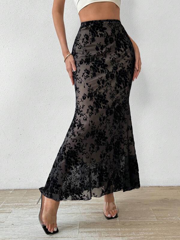 Rafferiza High-Waisted Floral Flocking Mesh Maxi Mermaid Skirt