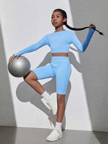 SHEIN Tween Girls' Seamless Knit Hollow Out Back T-Shirt And Shorts Sport Set - Multicolor - View 2