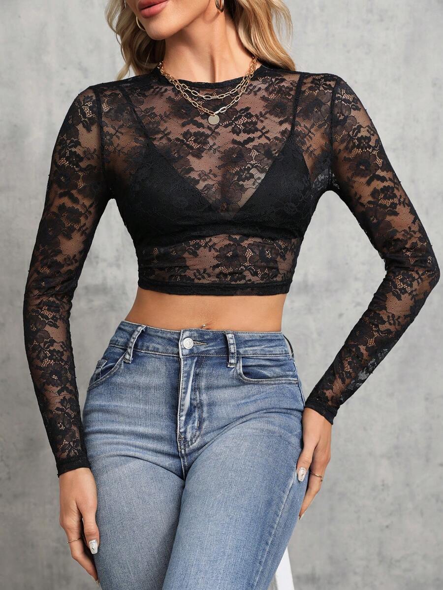 SHEIN Tall قطعة واحدة من الدانتيل الشفاف - الأسود - مشاهدة 1