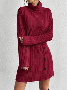 SHEIN Essnce Vestido De Punto Ajustado De Cuello Alto Tejido De Costilla De Color Liso Para Mujeres Con Detalles De Botón - Burdeos - Ver 4
