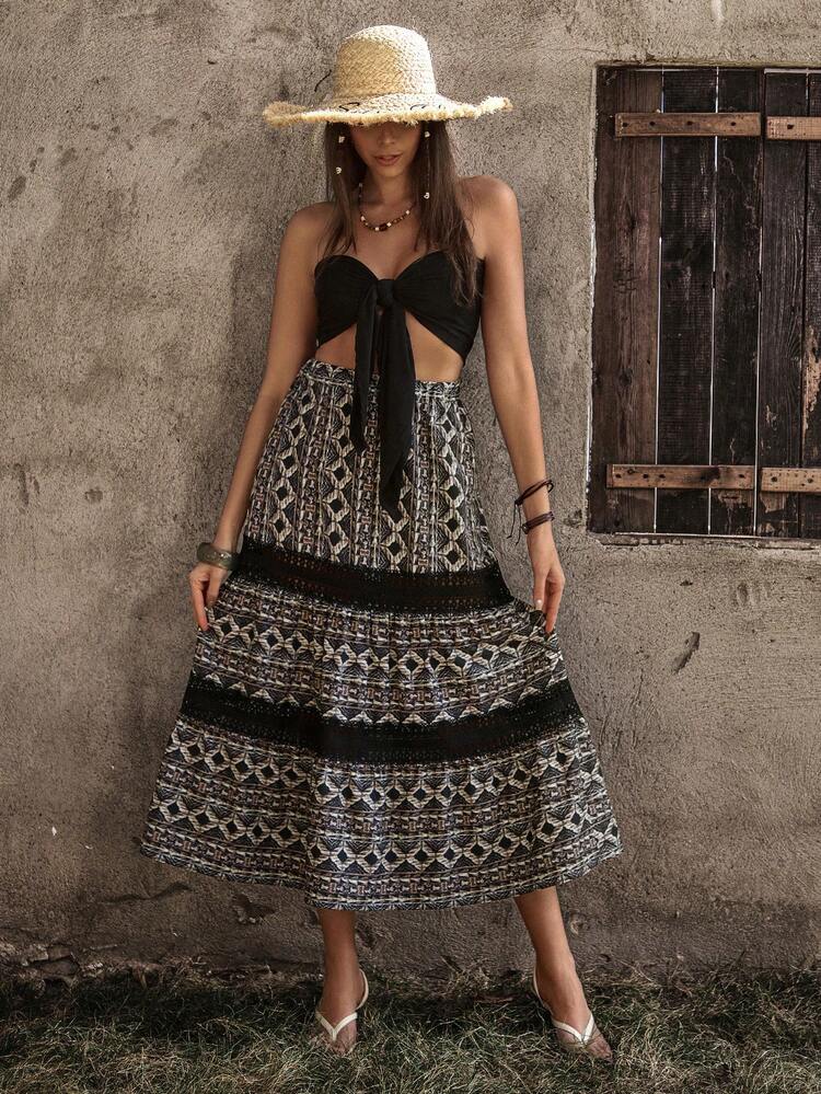 Women'S Elastic Waist Geometric Print Lace Trimmed Skirt With Woven Belt