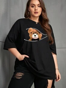 INAWLY 宽松卡通印花落肩 T 恤，加大码图案 T 恤女式上衣，适合夏季 - 黑色 - 查看 4