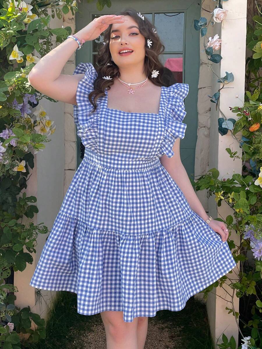 Dreamara 度假大码女式双色格子迷你盖袖连衣裙 - 彩色 - 查看 1