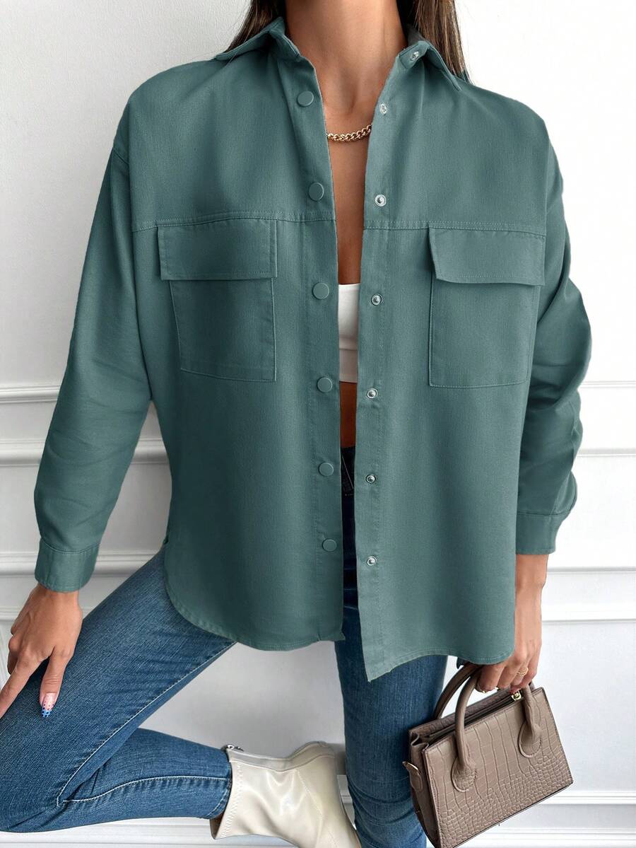 SHEIN Cottnline Của phụ nữ Màu thuần Cổ áo tây Thả vai Túi Nút phía trước Áo khoác - Màu xanh lá cây đậm - Xem 1